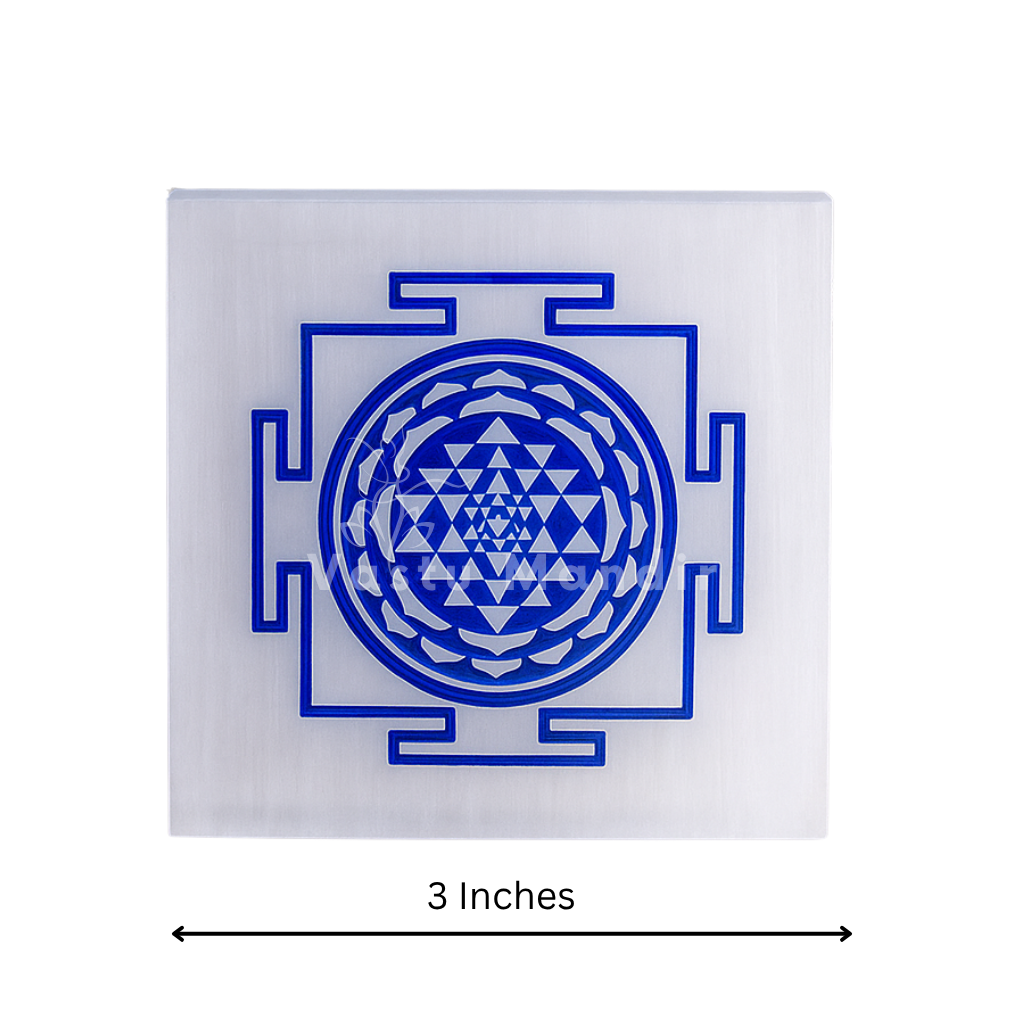 Shree yantra selenite plate in a close product view on white