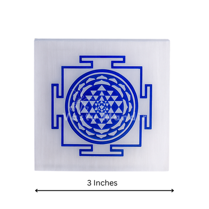 Shree yantra selenite plate in a close product view on white