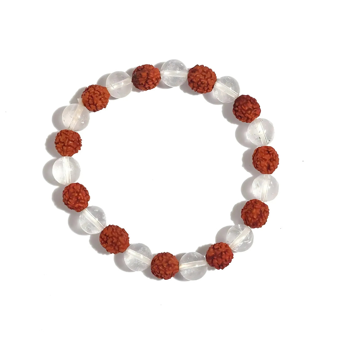 Rudraksha clear quartz crystal bracelet centred in a clean product photograph