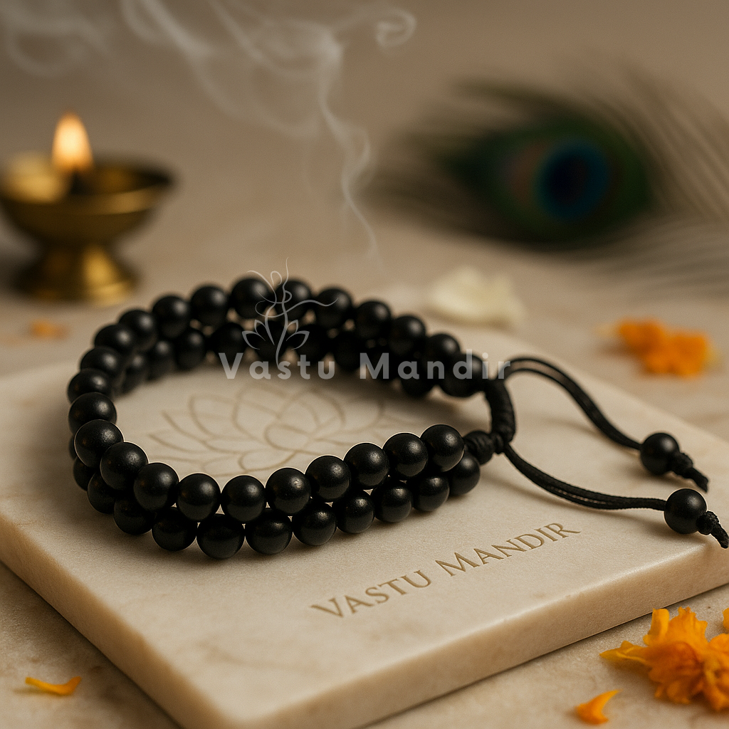 Natural black tourmaline dual strand bracelet shown in a second hand-held product view