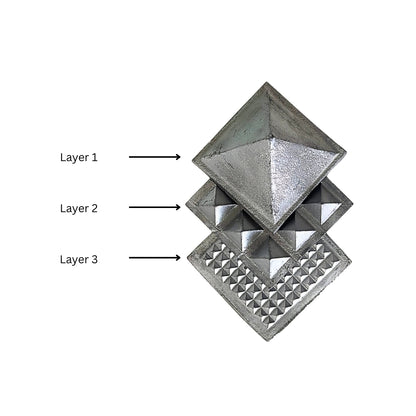 Exploded diagram identifying layers one, two and three of the lead Vastu pyramid