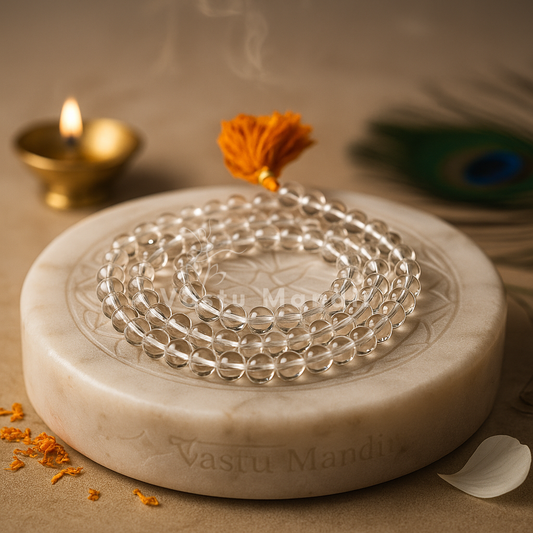 Clear sphatik crystal mala coiled on a round stone stand with marigold petals and a diya