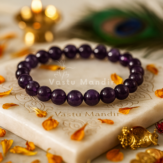 Natural amethyst crystal bracelet shown with a hand in a lifestyle photograph