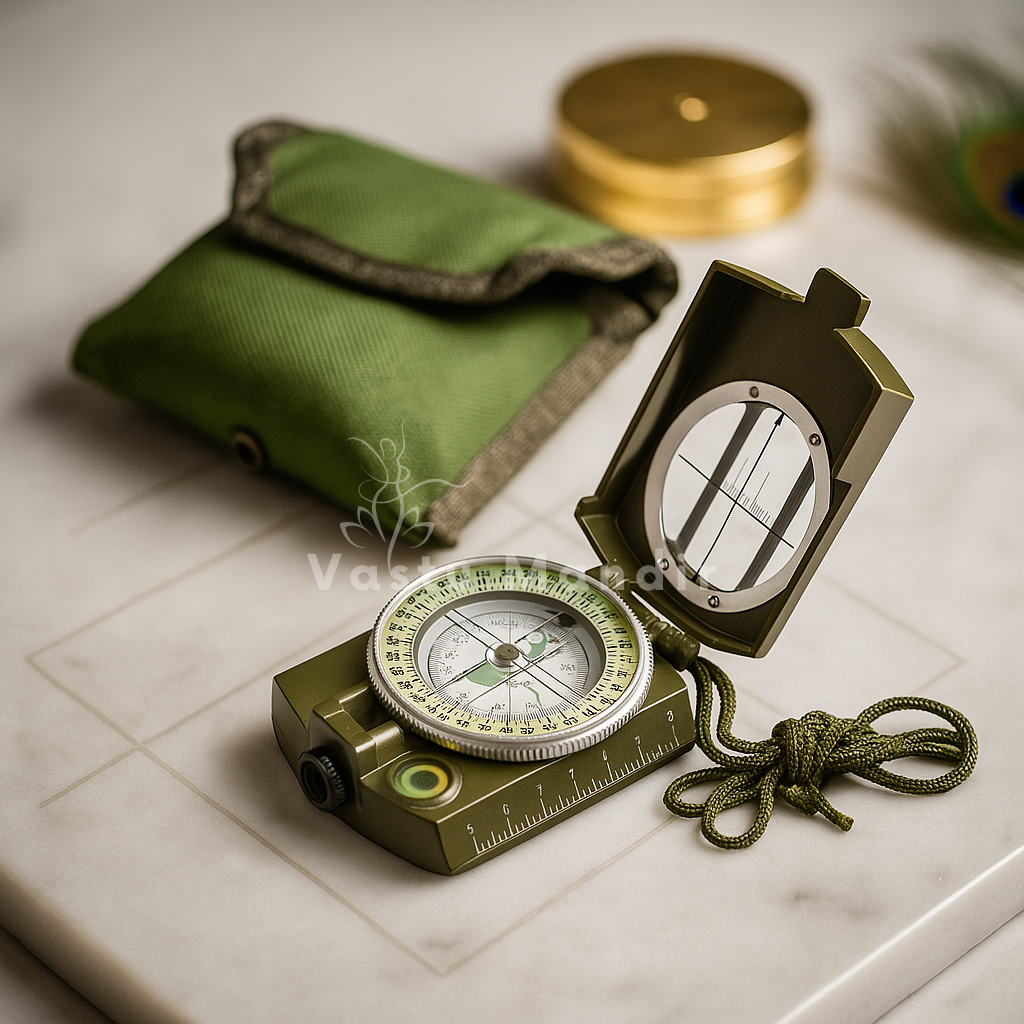 Open military-style Vastu compass with pouch and cord on a white marble board