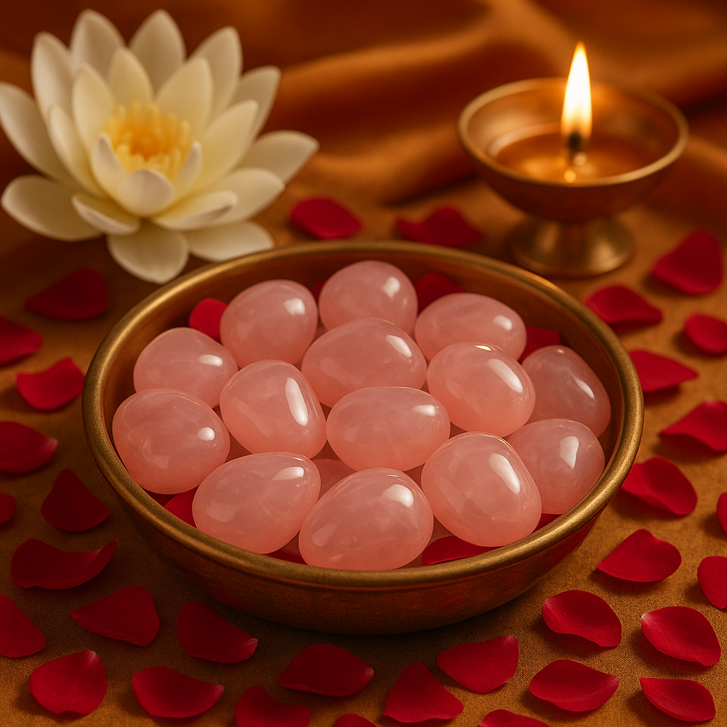 Angled view of rose quartz stones in a brass bowl beside a lotus flower and diya