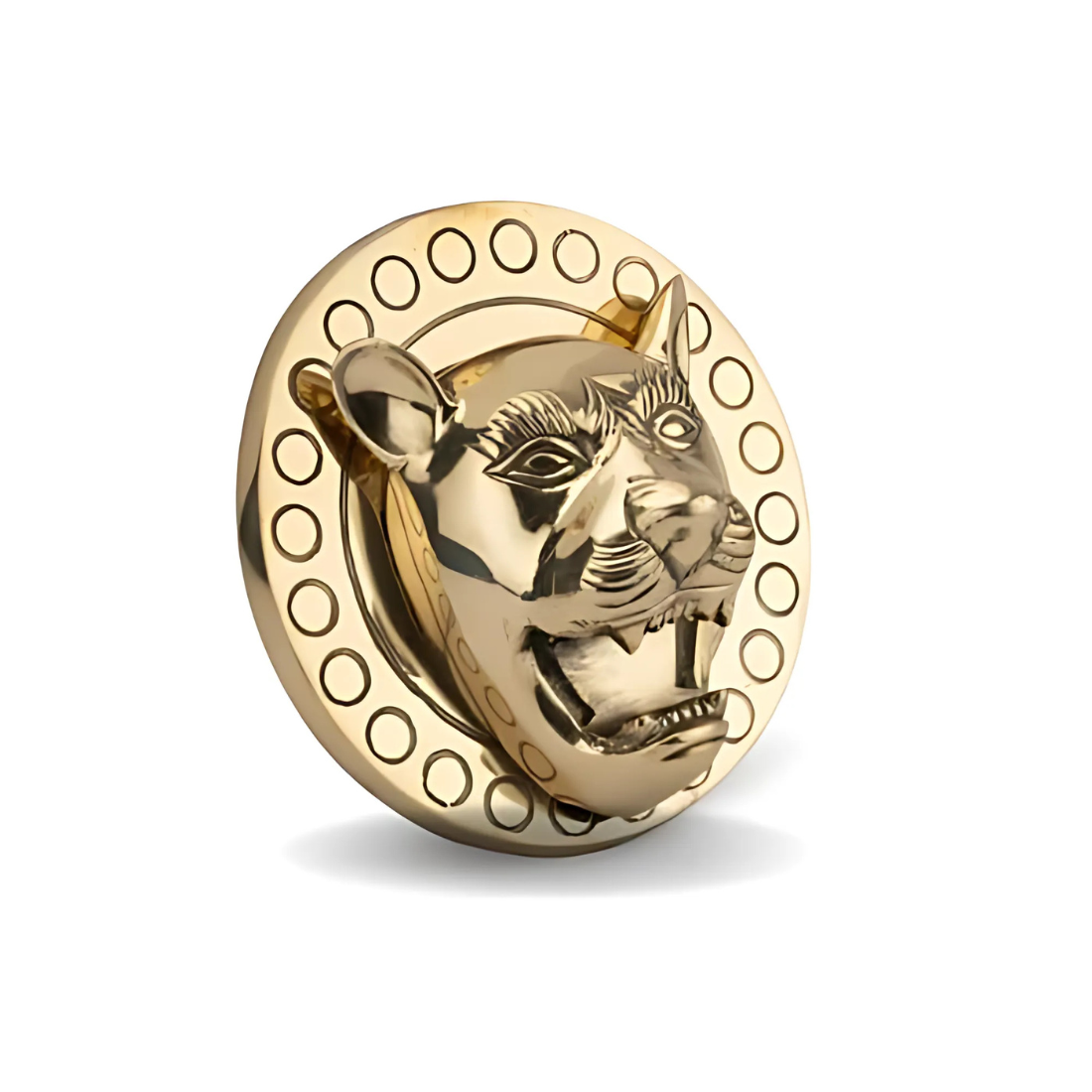 Brass lion face with removable talwar angled close-up of the lion-face medallion