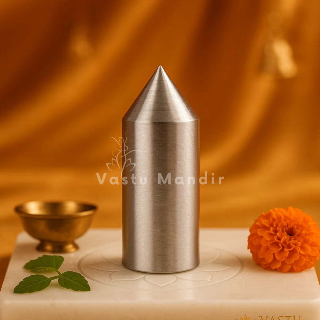 Aluminium Vastu Kilak rod displayed upright in a warm traditional setting