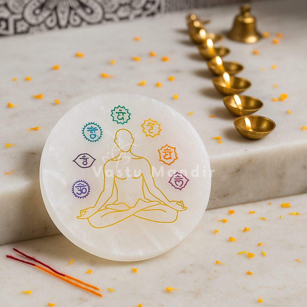 Round 7 chakra selenite plate displayed in a softly lit product setting