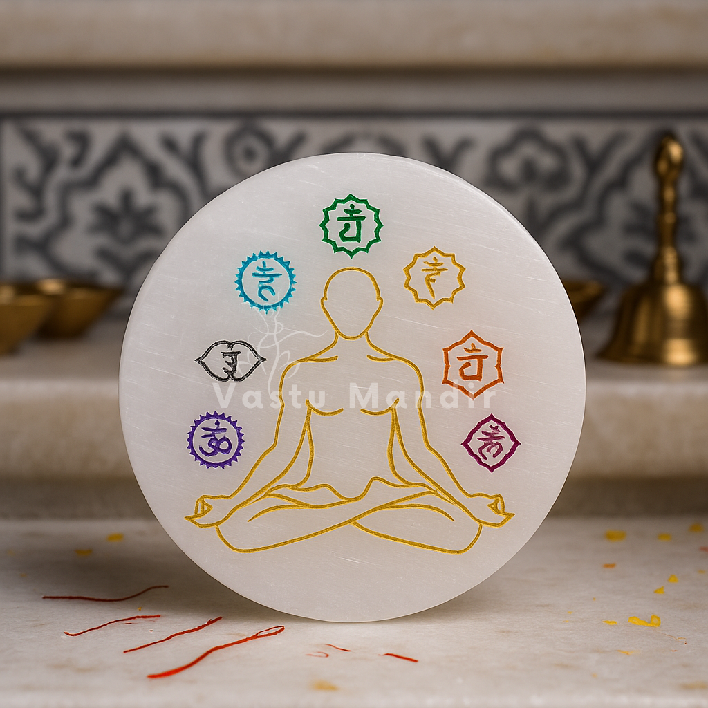 Round 7 chakra selenite plate shown held in a hand for scale