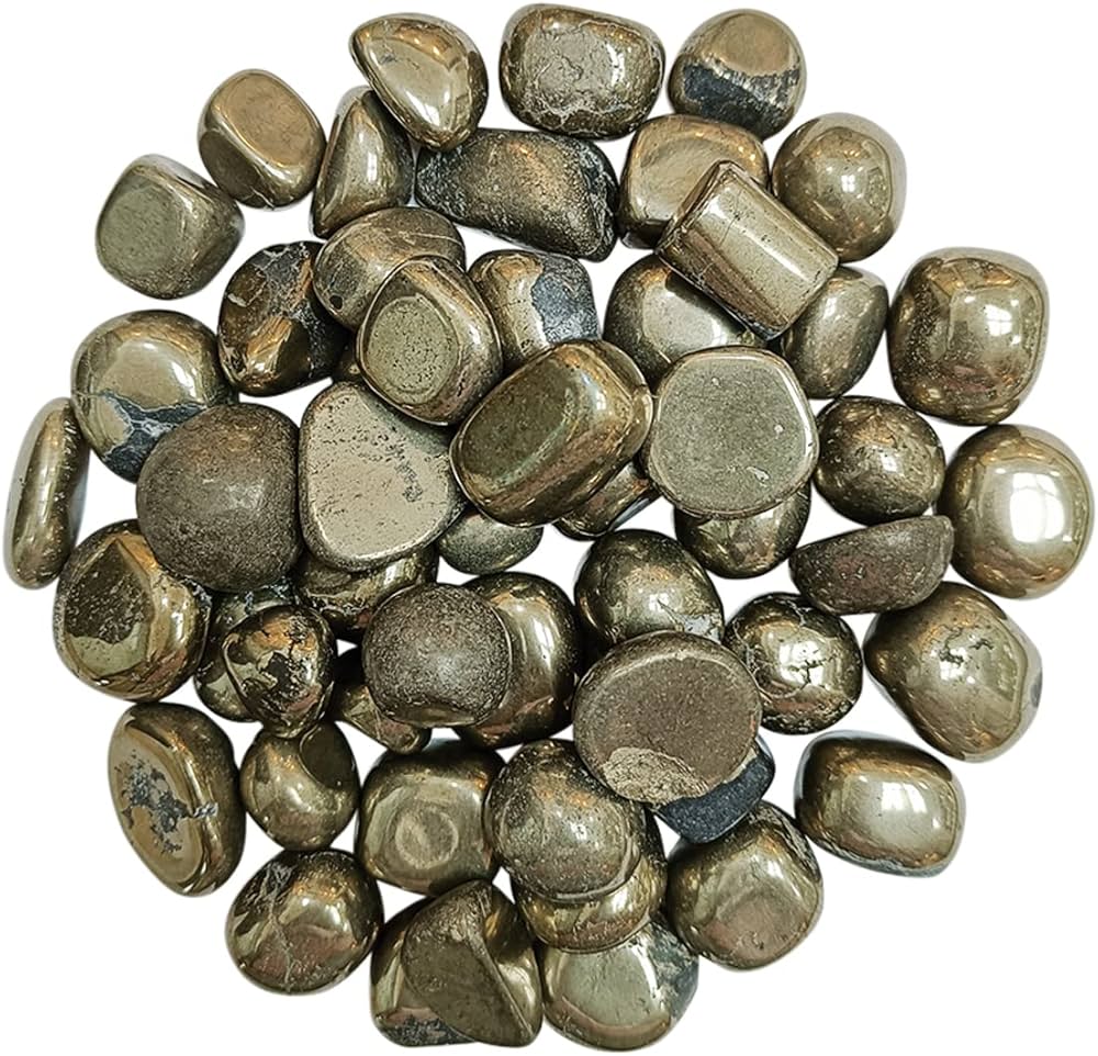 Pile of pyrite tumbled stones on a clean white background