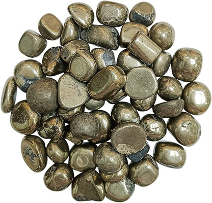 Pile of pyrite tumbled stones on a clean white background
