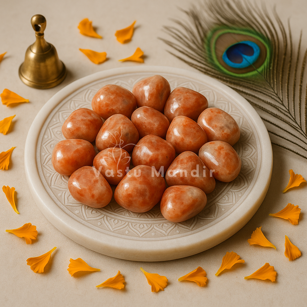 Close view of sunstone tumbled stones on a decorative white plate in a softly lit traditional setting