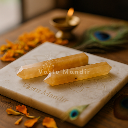 Yellow rutile crystal pencil displayed in a dark, softly lit spiritual setting