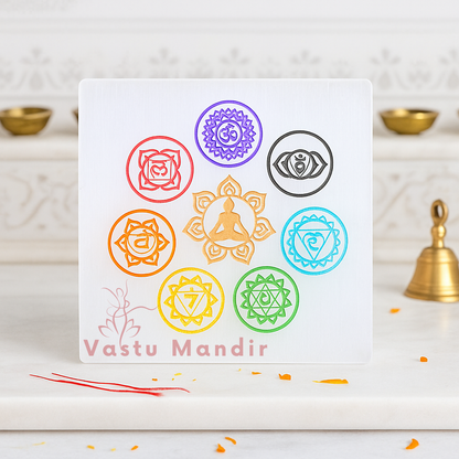 Square 7 chakra selenite plate arranged in a styled spiritual setting