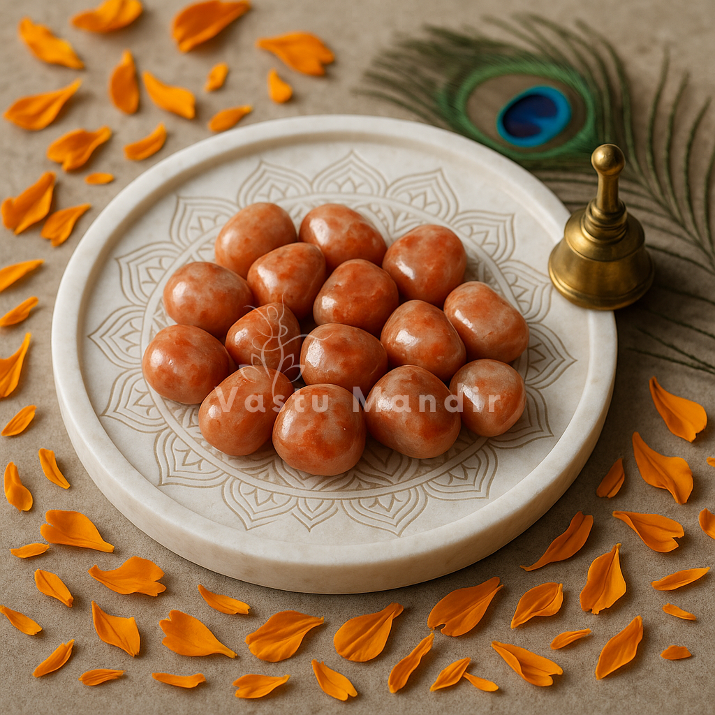 Wide view of sunstone tumbled stones displayed on a white plate with brass decor and flower petals