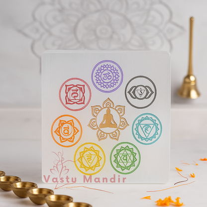 Square 7 chakra selenite plate displayed in a softly lit product setting