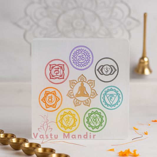 Square 7 chakra selenite plate displayed in a softly lit product setting
