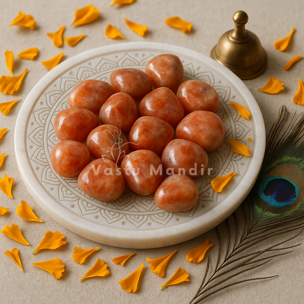 Angled view of sunstone tumbled stones on a white plate with marigold petals and a peacock feather