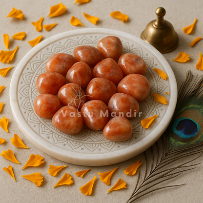Angled view of sunstone tumbled stones on a white plate with marigold petals and a peacock feather