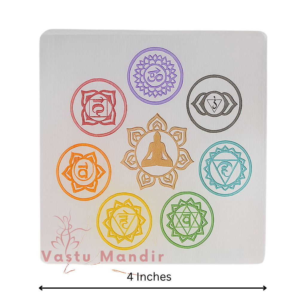 Square 7 chakra selenite plate infographic summarising visible product features