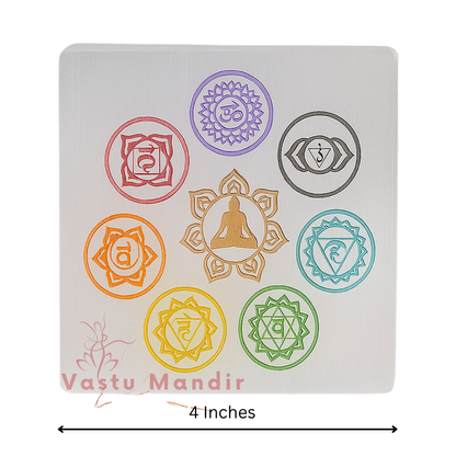 Square 7 chakra selenite plate infographic summarising visible product features