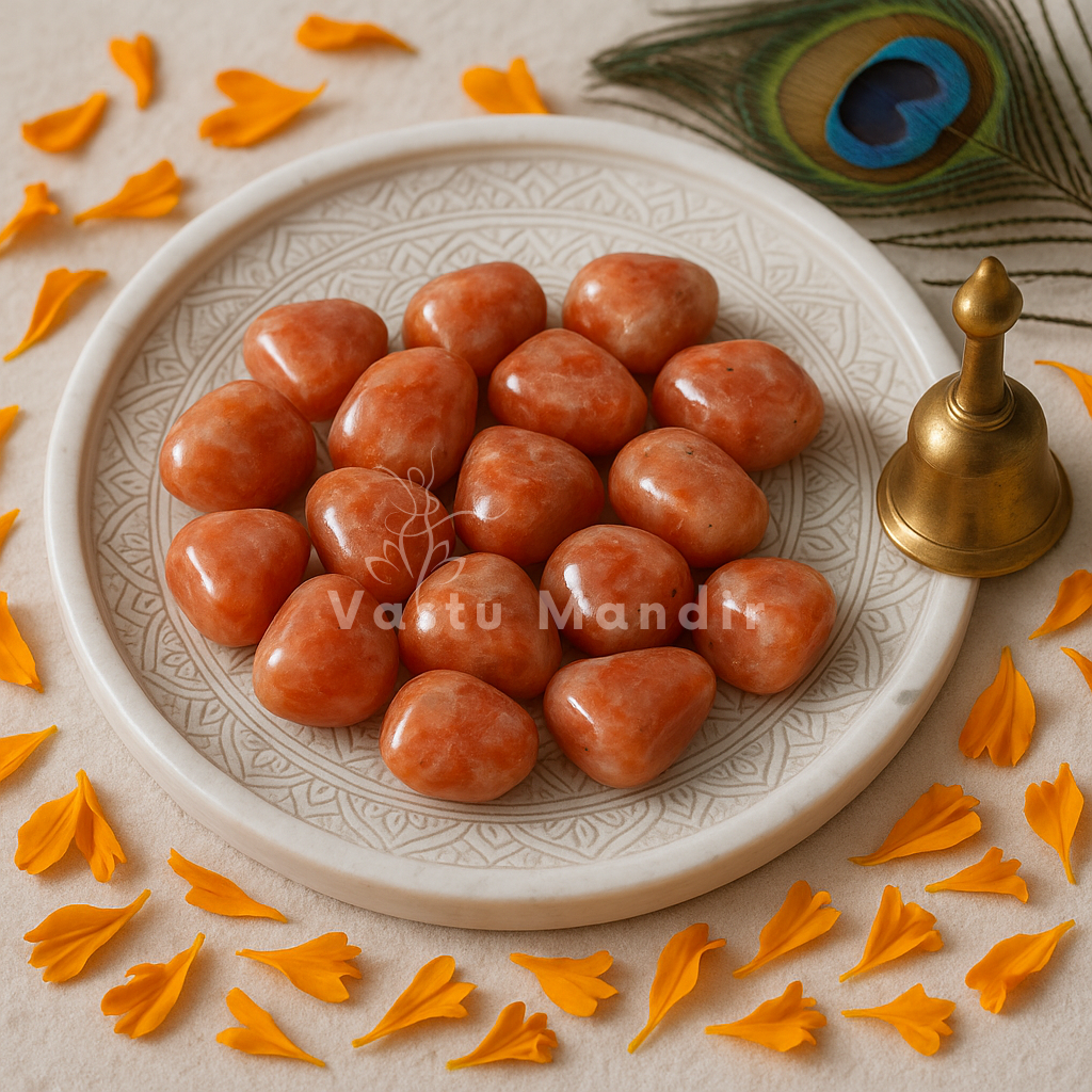 Sunstone tumbled stones arranged on a carved white plate with marigold petals and a softly lit diya