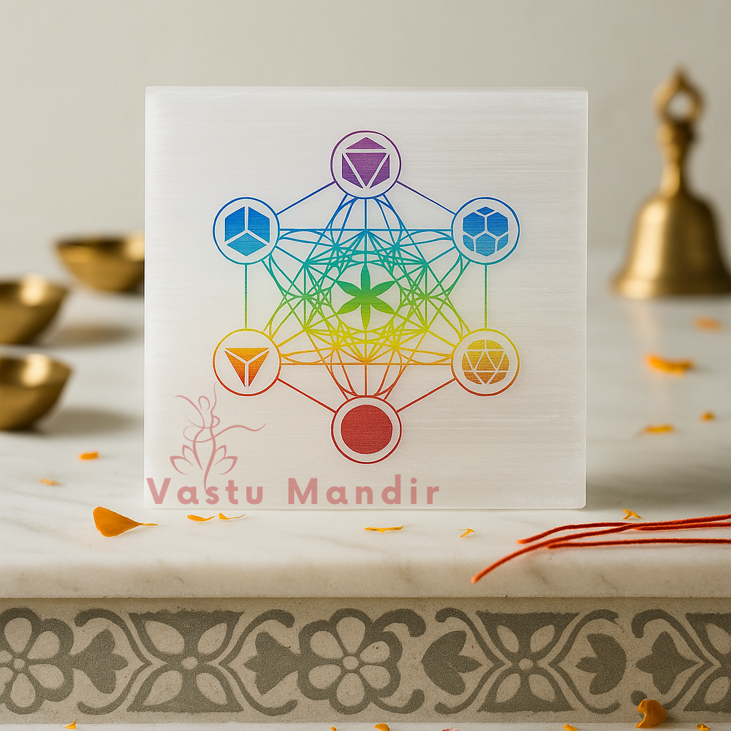 Hexagon selenite plate displayed in a softly lit product setting