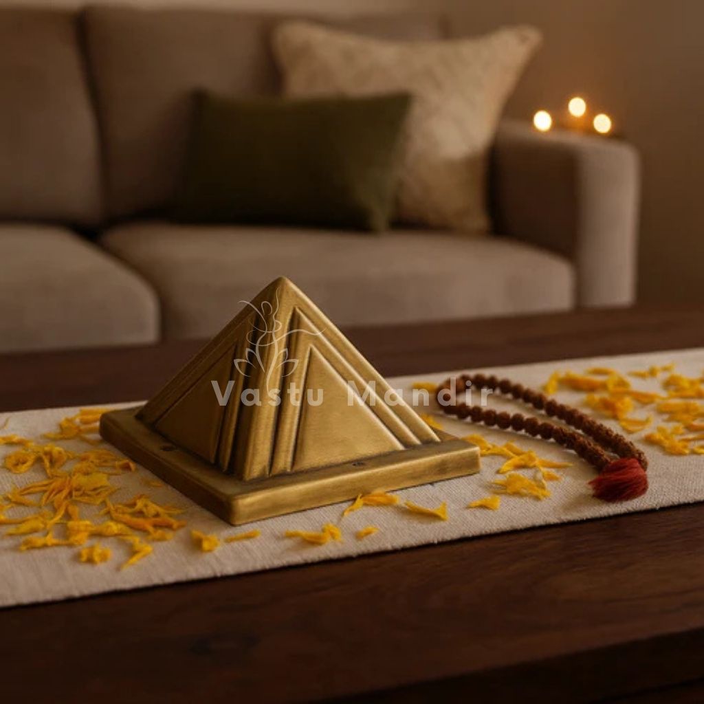 Two-layer brass Vastu pyramid displayed on a living-room coffee table with marigold petals and a Rudraksha mala