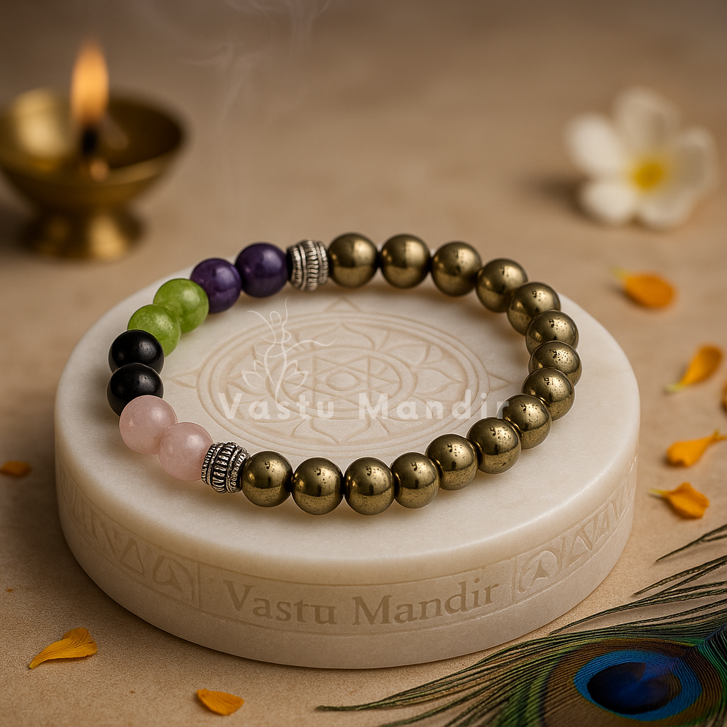 Skin radiance crystal bracelet shown in a second hand-held product view