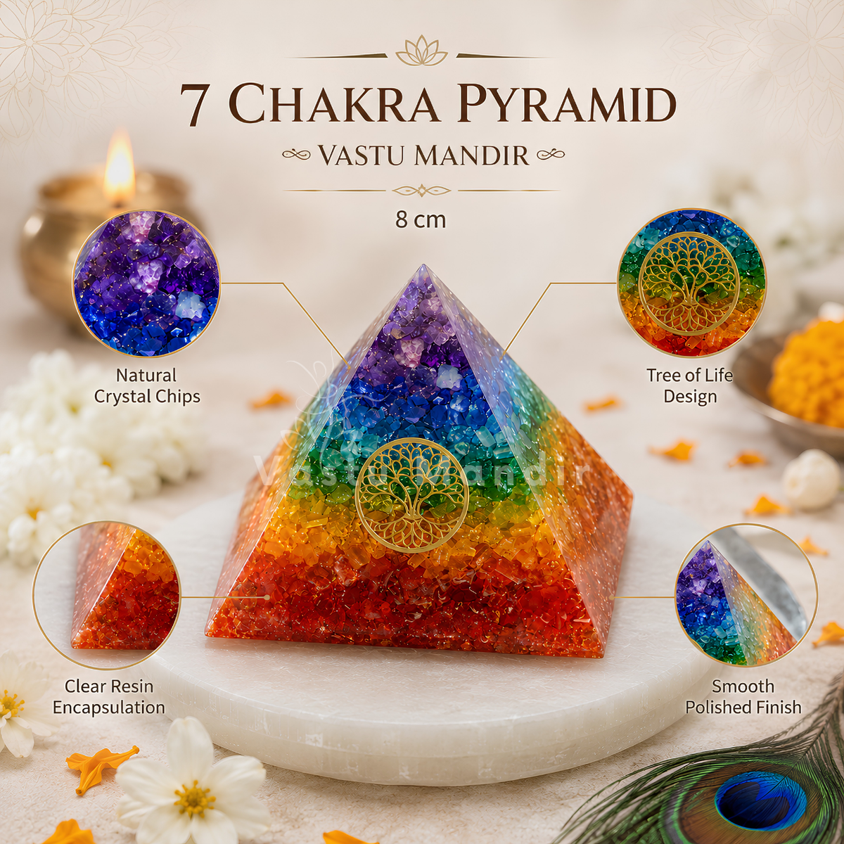 7 Chakra Orgone Pyramid Vastu Remedy for Reiki Healing, Energy Amplification and North East Correction with Tree of Life for Home and Meditation Spaces | 7.5-8 cm | 140 g
