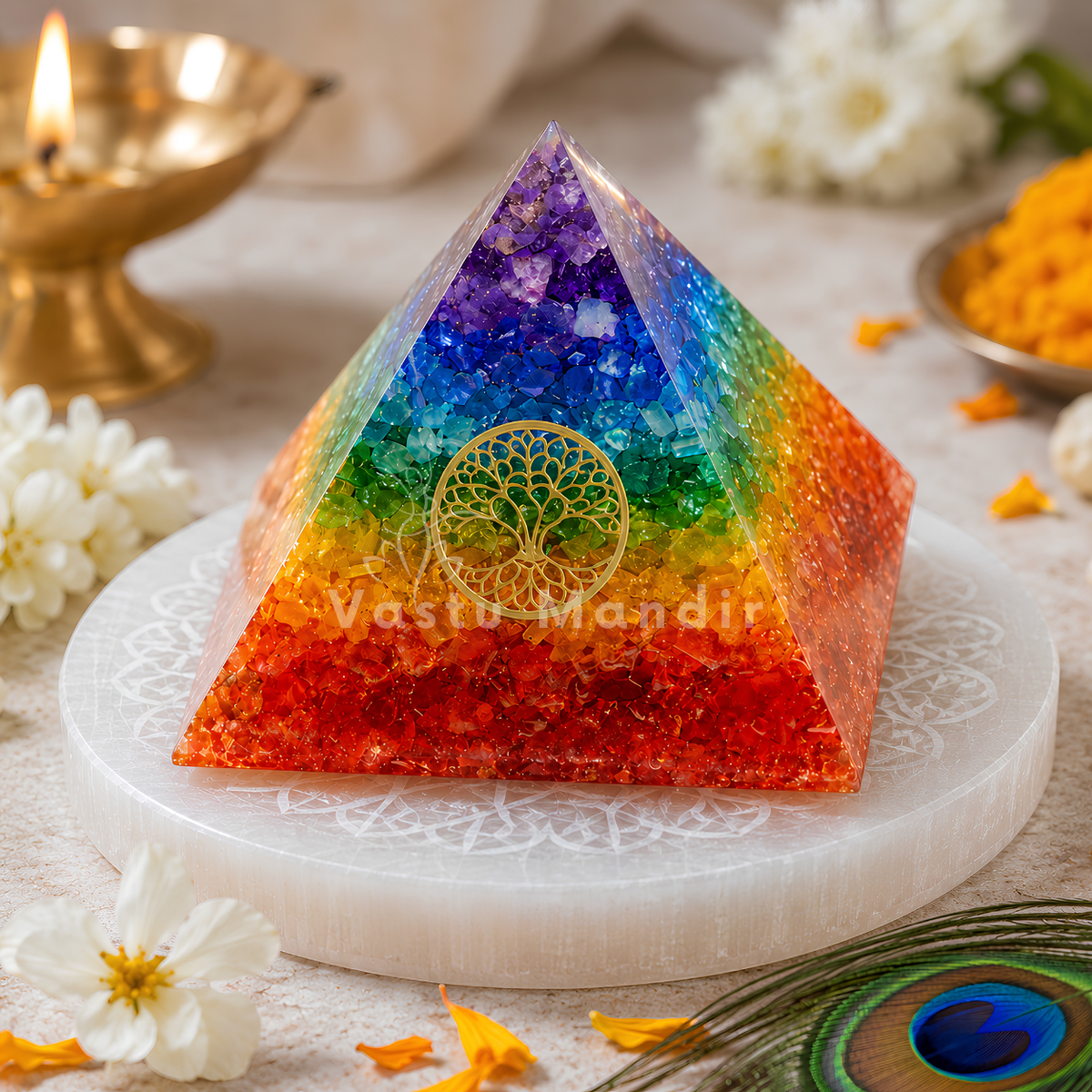 7 Chakra Orgone Pyramid Vastu Remedy for Reiki Healing, Energy Amplification and North East Correction with Tree of Life for Home and Meditation Spaces | 7.5-8 cm | 140 g