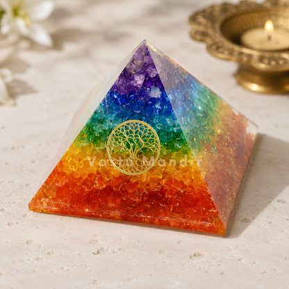 7 Chakra Orgone Pyramid Vastu Remedy for Reiki Healing, Energy Amplification and North East Correction with Tree of Life for Home and Meditation Spaces | 7.5-8 cm | 140 g
