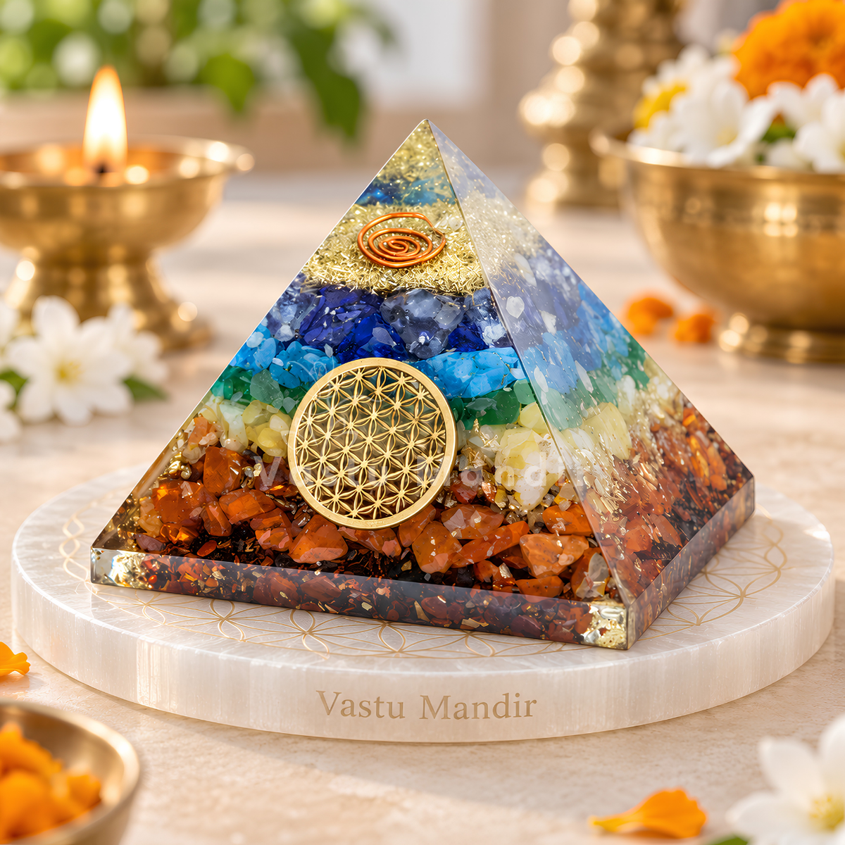 7 Chakra Yantra Pyramid Vastu Remedy for Aura Cleansing, Life Force Harmony and Chakra Alignment for Meditation, Healing and Spiritual Balance | 8 cm | 120 g