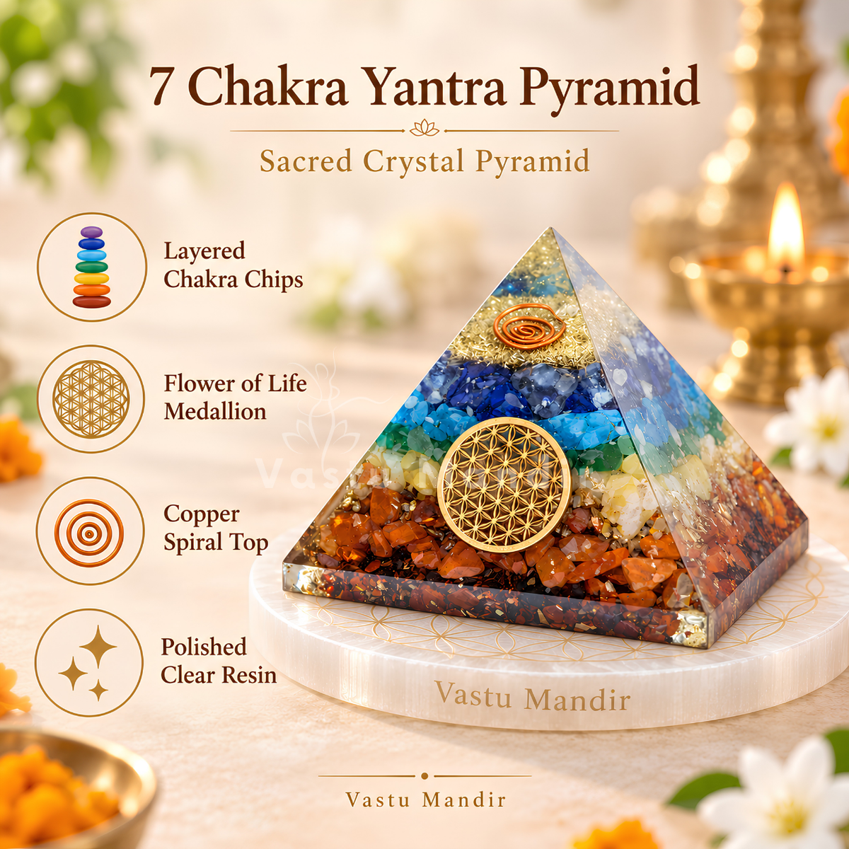 7 Chakra Yantra Pyramid Vastu Remedy for Aura Cleansing, Life Force Harmony and Chakra Alignment for Meditation, Healing and Spiritual Balance | 8 cm | 120 g