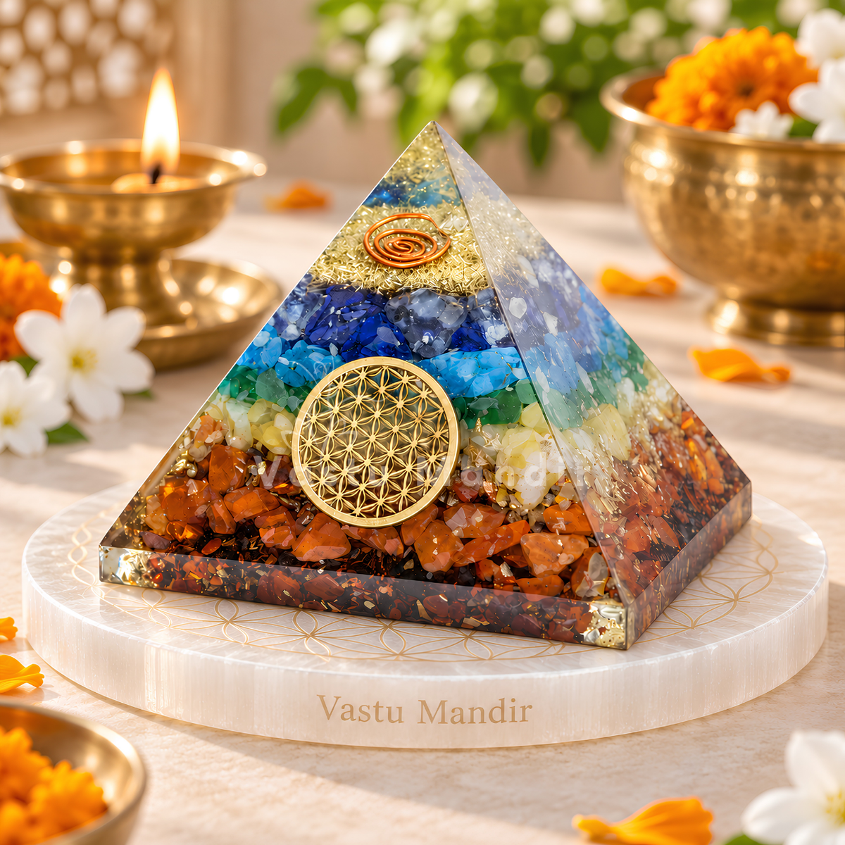 7 Chakra Yantra Pyramid Vastu Remedy for Aura Cleansing, Life Force Harmony and Chakra Alignment for Meditation, Healing and Spiritual Balance | 8 cm | 120 g