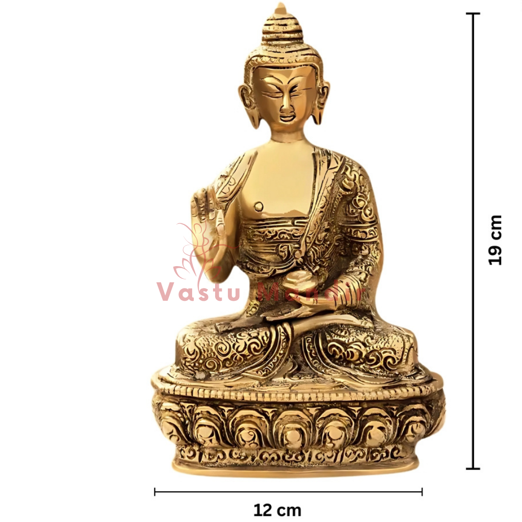 Brass Buddha idol dimension diagram showing 19 cm height and 12 cm width
