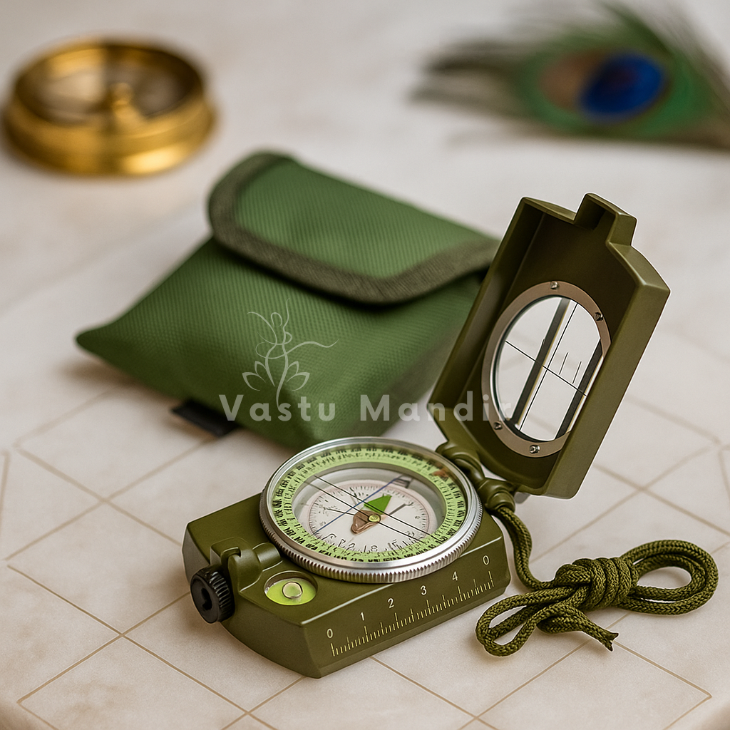 Close angled view of the open Vastu compass with luminous directional dial
