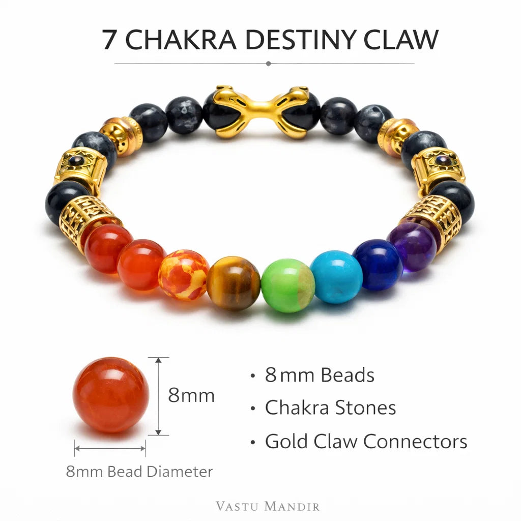 7 Chakra Destiny Claw bracelet with colored beads and gold claw connectors on a white background.