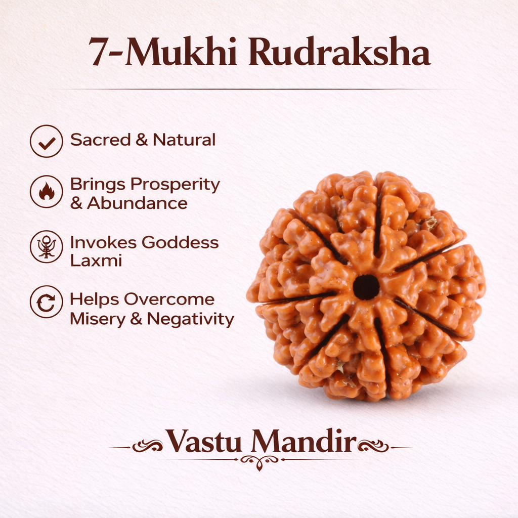 Seven-faced Rudraksha with benefits listed on a white background