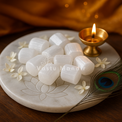 Close styled view of selenite healing stones on a white plate with a brass diya