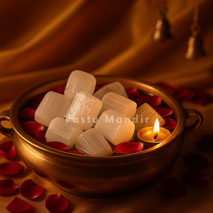 Selenite cube stones displayed in a brass bowl against a warm red background