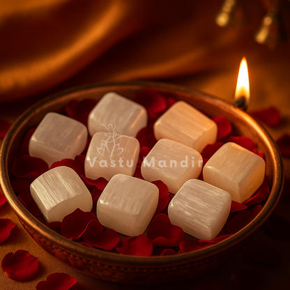 Selenite cube stones shown in a brass bowl from a second close angle