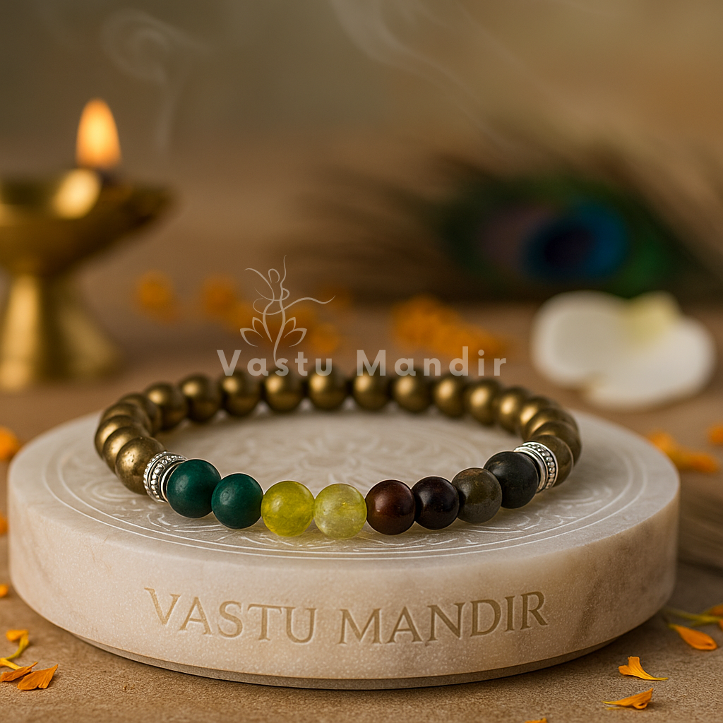 Pyrite multi-stone bracelet shown in a second hand-held product view