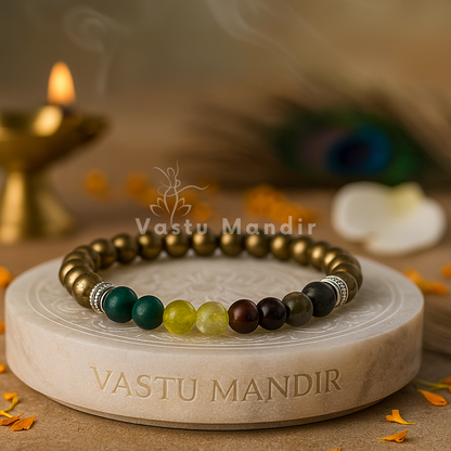 Pyrite multi-stone bracelet shown in a second hand-held product view