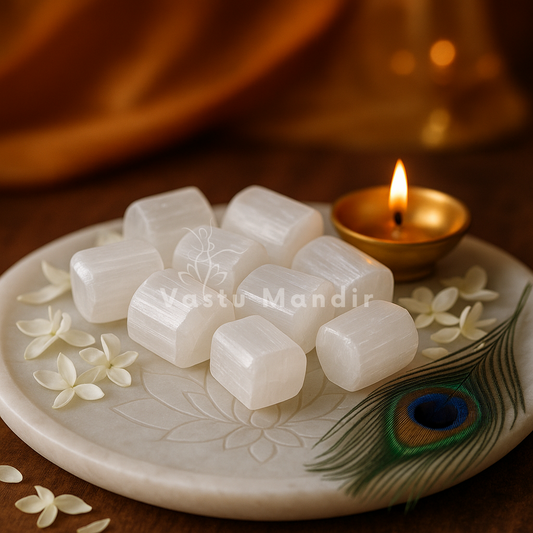Selenite healing stones arranged on a carved white plate with marigold petals and a softly lit diya