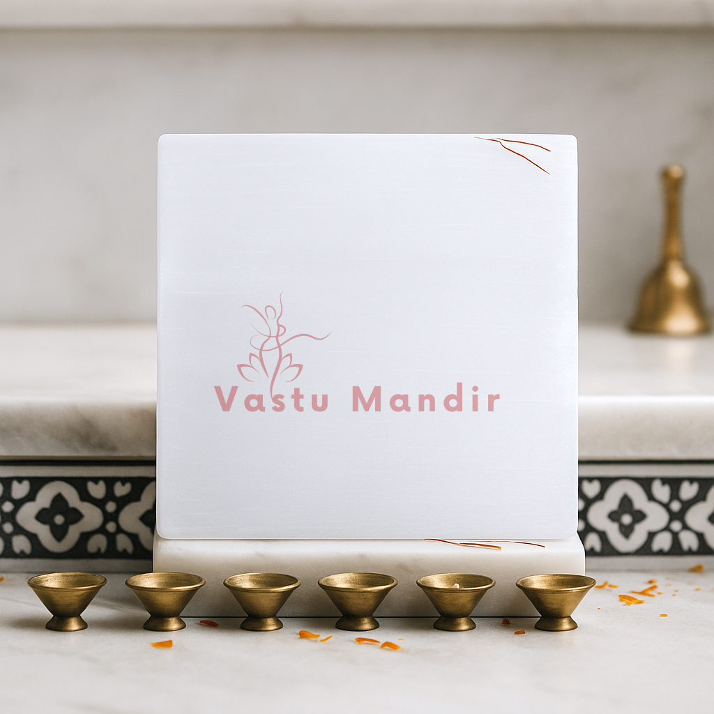 Plain square selenite plate displayed in a softly lit product setting