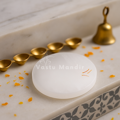 Plain round selenite plate shown held in a hand for scale