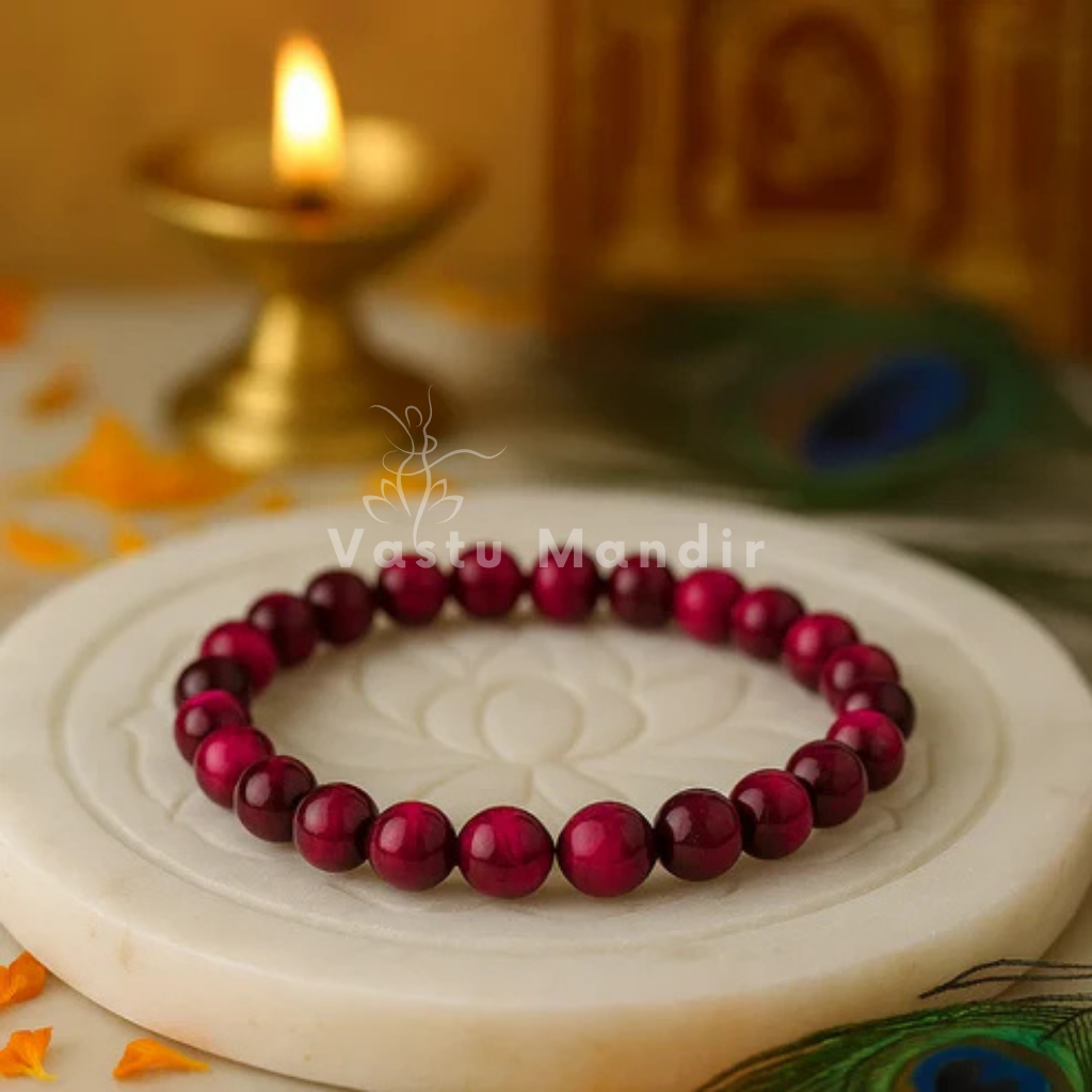 Natural pink tiger eye crystal bracelet shown in a second hand-held product view