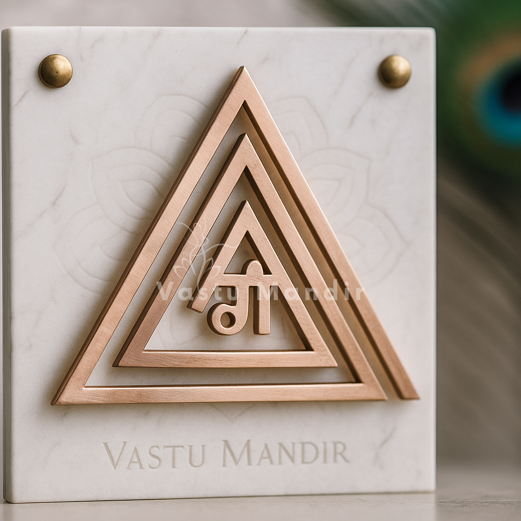 Copper Gii Vastu triangle helix displayed upright on a marble panel