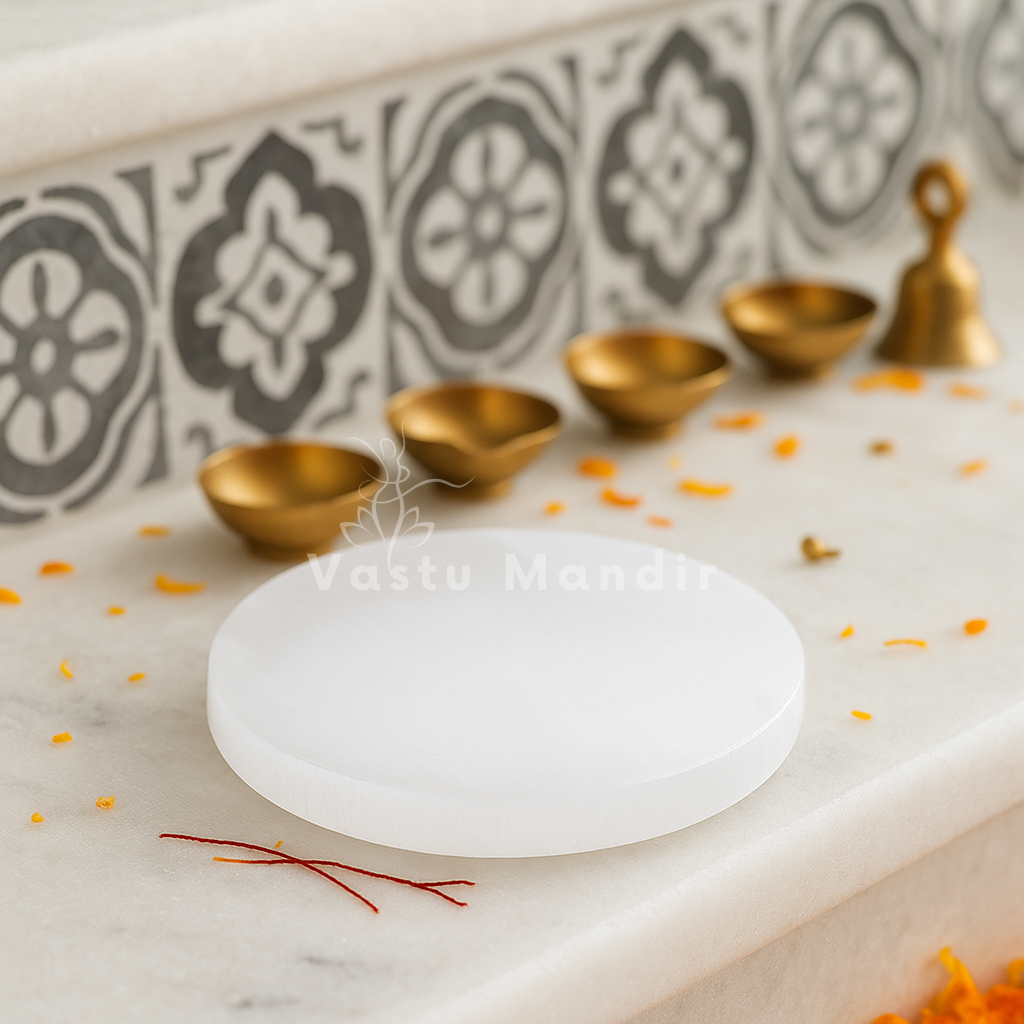 Plain round selenite plate displayed in a softly lit product setting